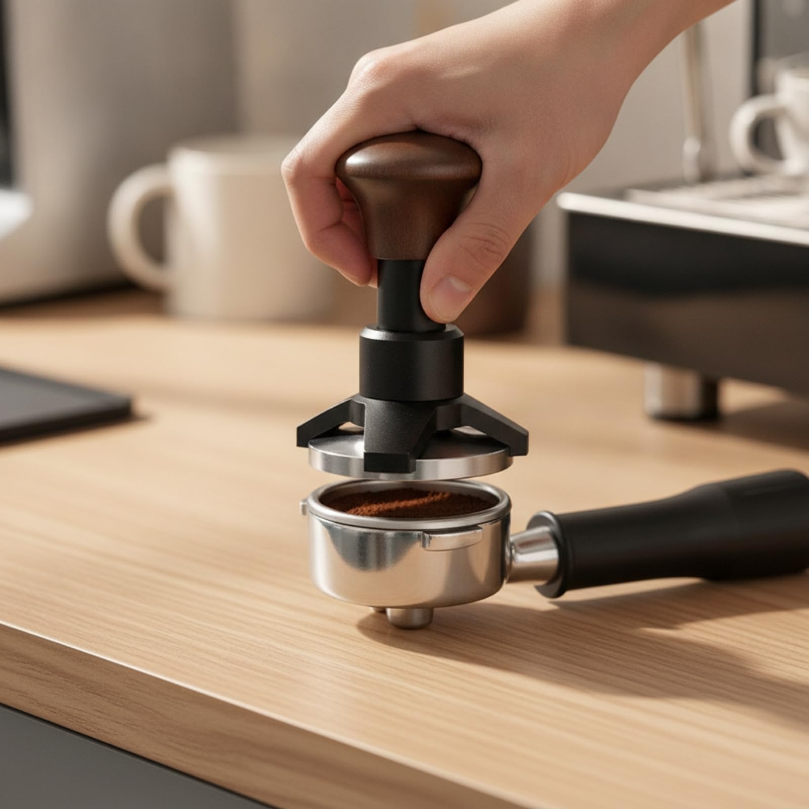 Pressino per Ergonomico | Uniforme, Pressacaffè con Manico in Legno, Professionale, Pressacaffè con Base in Acciaio Inox, per, 53MM