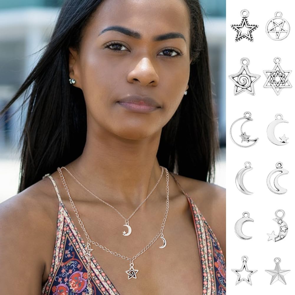 UNICRAFTALE circa 120 Pz 12 Stili Luna Stella ciondolo Ciondoli Stile Tibetano Argento Antico Pentagramma per Gioielli Orecchini Collana Bracciale per Natale