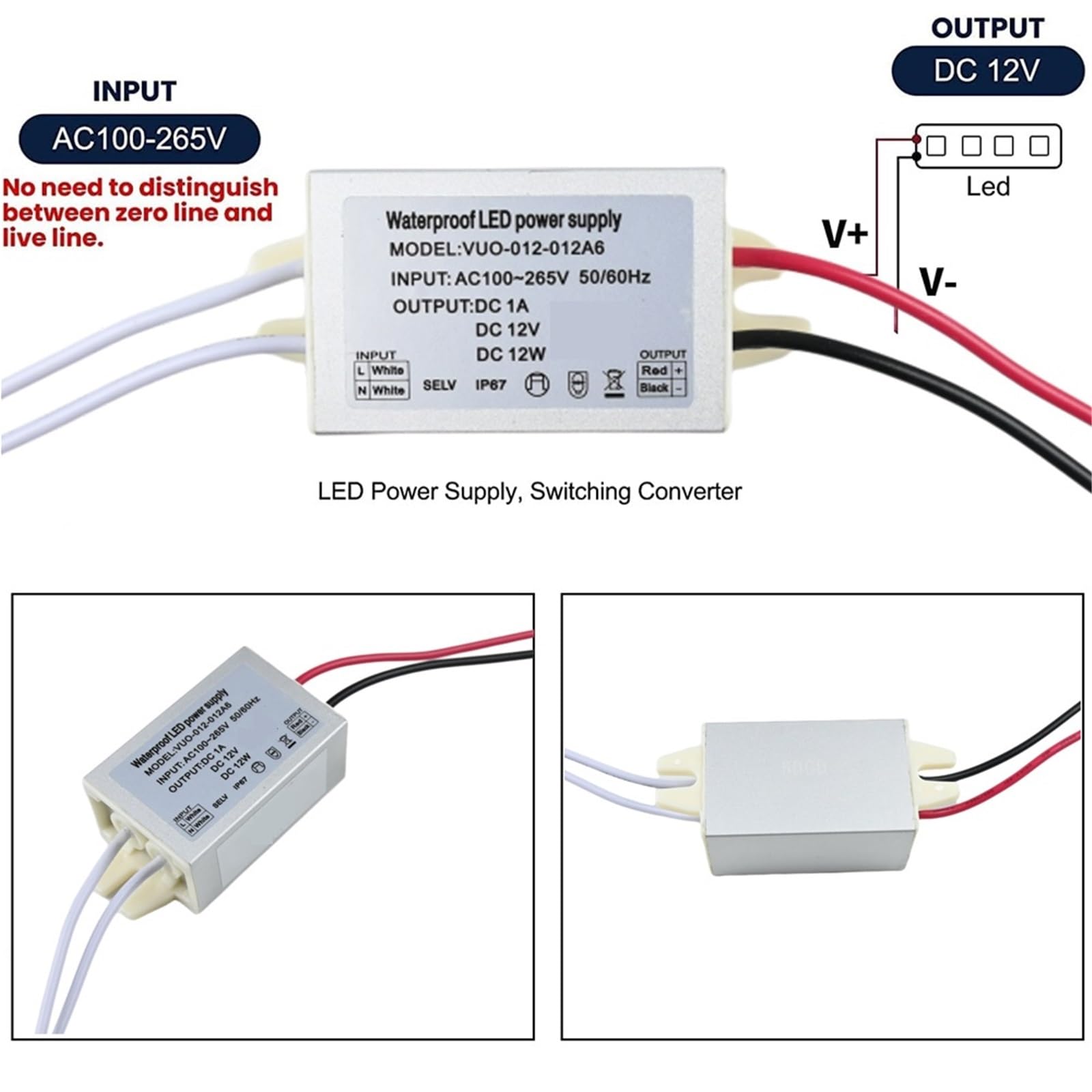 Trasformatore di illuminazione impermeabile CA a CC 12V 24V 12W 20W 36W 100W Alimentatore switching Driver LED for striscia Alta Affidabilità(12W,12V)