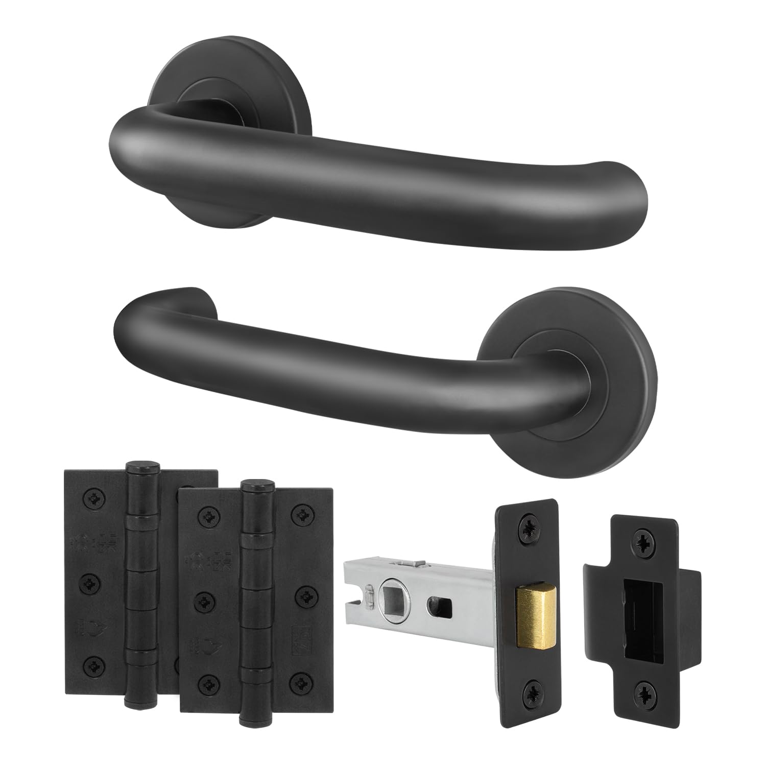 EAI Return to Door Lever on Rose Handles Latch 64mm and Hinge Kit, Matt Black 19mm Diameter Handles, 52mm Rose