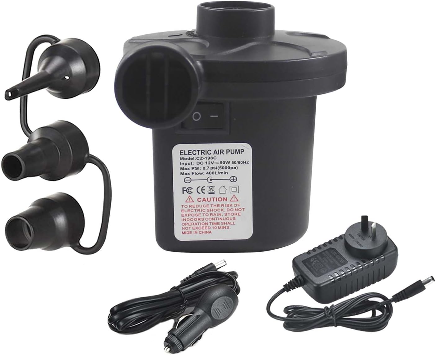 Air Pump,Air Mattress Pump Electric Portable Suitable for Inflatables Mattresses Swimming Pool 12V DC/110-240V AC with 3 Nozzles