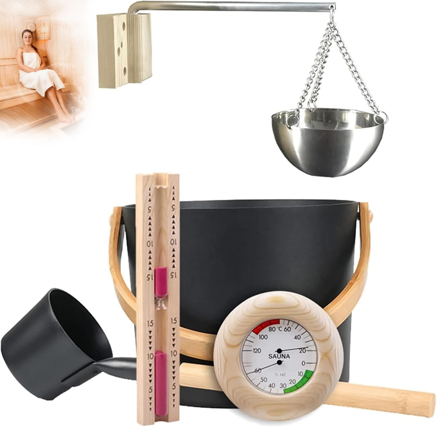 Zestaw akcesoriów do sauny, zakres temperatur od 0°C do 120°C, z wiadrem do sauny 7 l, termometrem, klepsydrą, aromaterapią, do użytku osobistego w salonie domowym, saunie, łazienkach