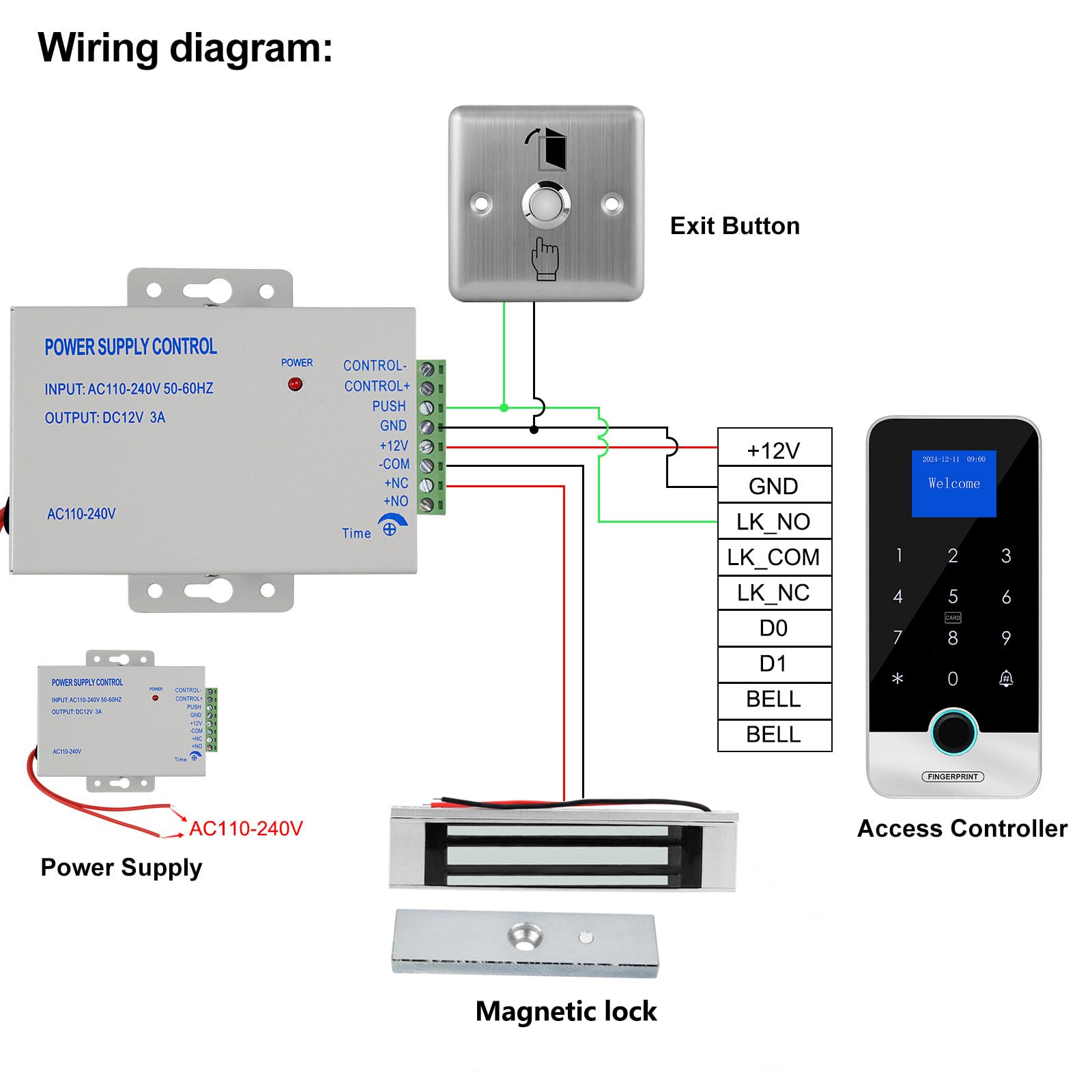 Kit de contrôle d'accès, clavier RFID + serrure magnétique 180 kg + 10 cartes IC