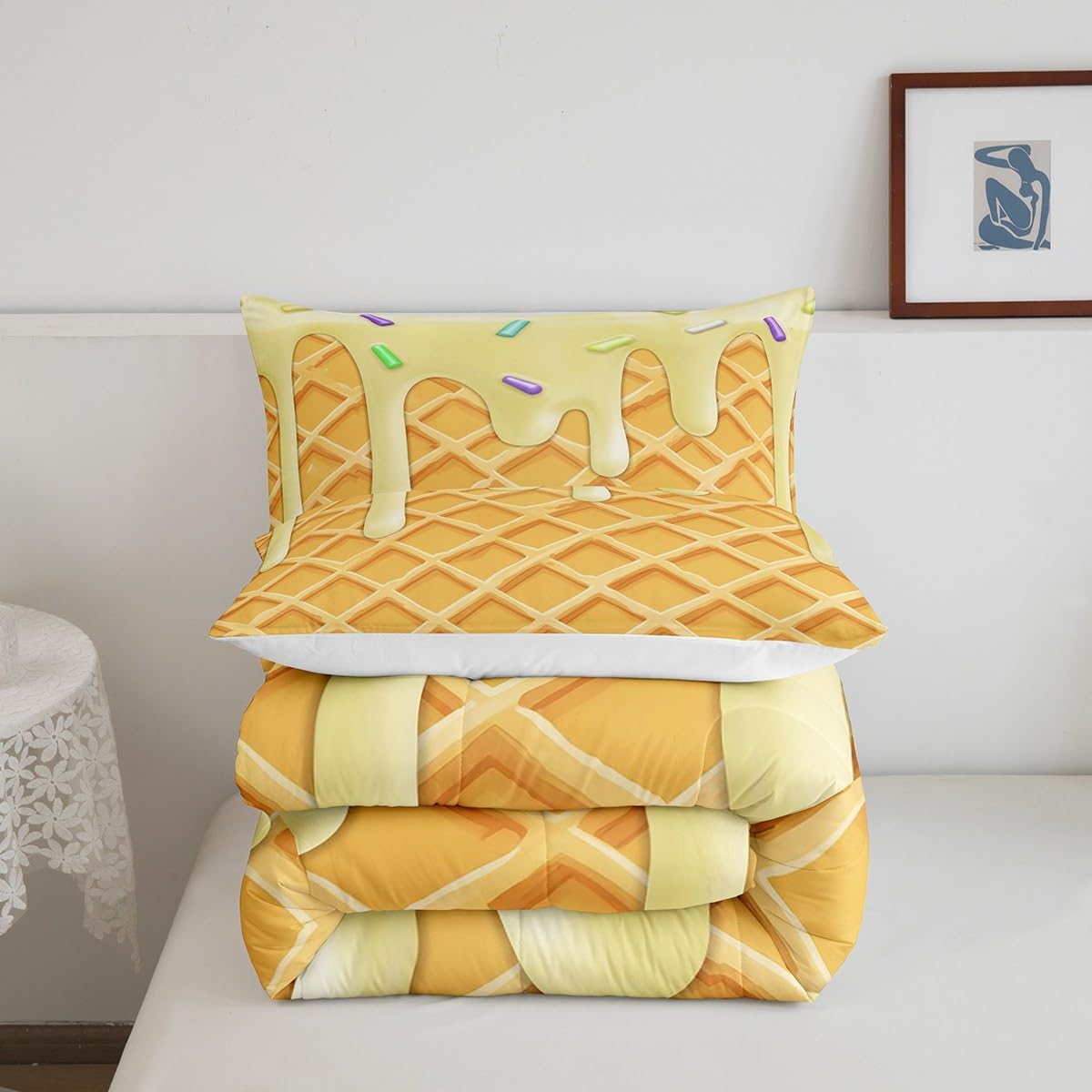 Castle Fairy Summer Ice Cream Cone Watercolor Bedding Set for Kids & Adults - Twin Size, Colorful Dessert Candy Decor Quilt Comforter with 1 Pillowcase