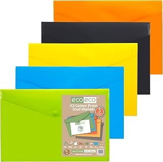 eco-eco A3 50% Recycled Assorted Colours Press Stud Popper Wallet, Plastic Folders (Pack of 5) eco080