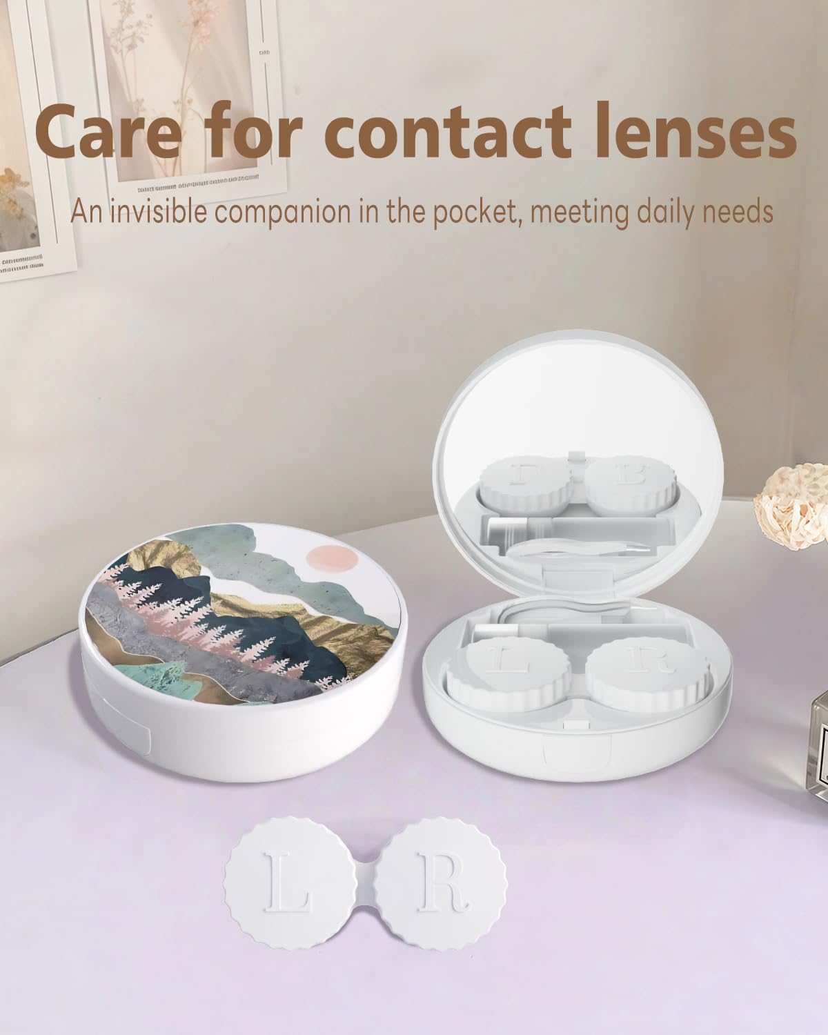 LRITER Estuche para lentes de contacto, estuches portátiles para lentes de contacto a prueba de fugas con espejo, adecuado para maquillaje diario, oficina, viajes al aire libre. (Escenería)