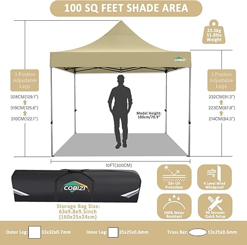 Miniatura 13 de COBIZI - Toldo desplegable de 10 x 10 pies, 4 paredes laterales, FPU 50+ para todo el año, resistente al viento, impermeable, uso comercial, Gris
