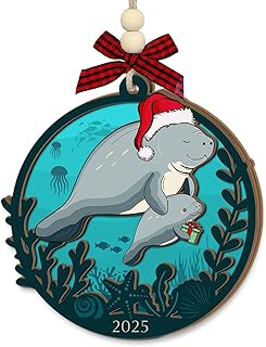Mom and Baby Manatee Christmas Ornament 2025 - Manatee Gifts for Animal Lovers Women, Men, Mommy Hugging Her Baby, for Mom from Son Daughter, Wooden Animal Ornaments Hanging Decor