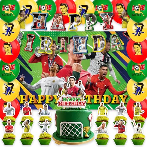 42Packs Soccer Ronaldo Birthday Party Supplies Pack IncludesBannerCake TopperBlackdrop Balloons for Soccer Ronaldo Party Supplies