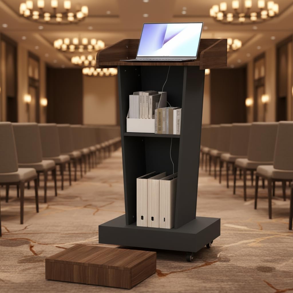 GARVIN Podium Stand with 4 Lockable Wheels, Mobile Wooden Lectern with 4” Elevated Footrest & Storage Shelves, Modern Pulpit for Church, School, Office and Conference