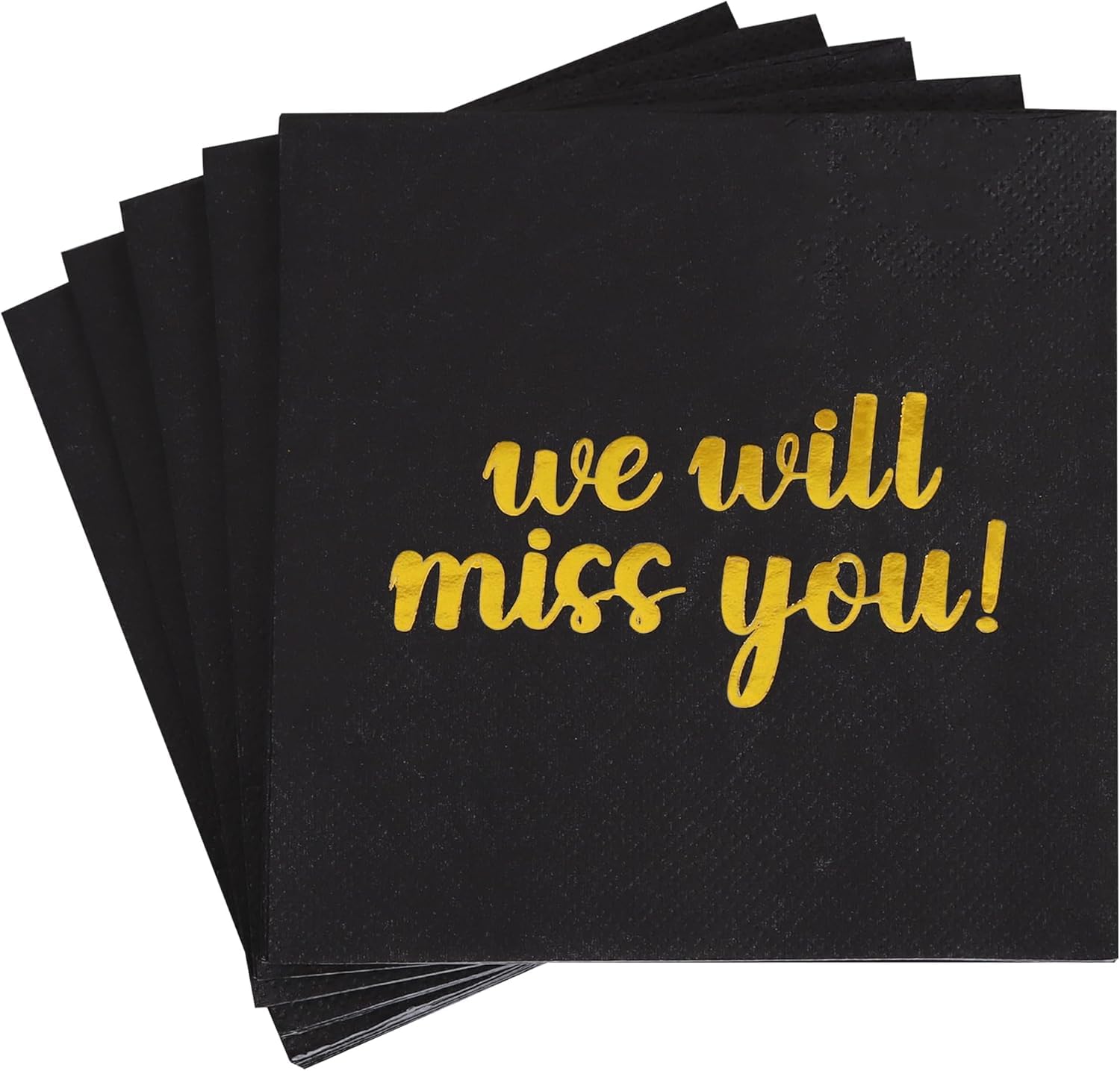 DecoGlee 50 Pack We Will Miss You Cocktail Napkins - Farewell Party Decorations for Coworkers Leaving, Retirement,Graduation, Military Goodluck & Moving Celebrations(5" Folded 2 Ply-Black)