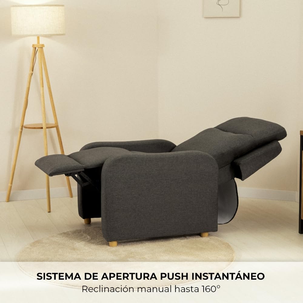 Nalui - Sillón Relax Reclinable One Fabric (77x87x95cm) con Apertura Push Manual y Estructura Reforzada. Sillón para el Salón Tapizado en Tela con Reclinación 160º Gris Marengo