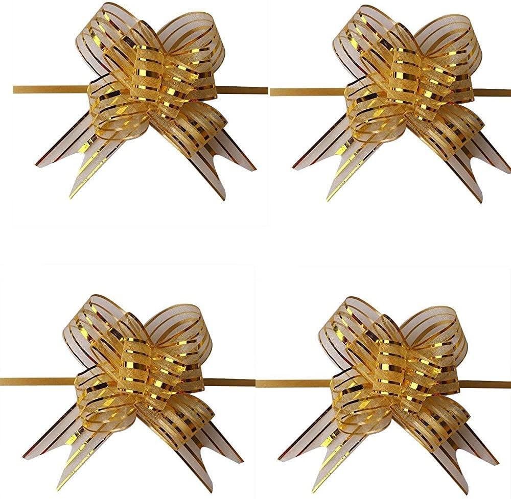 Large Size Organza Pull Bow Flower Ribbon for Gift Wrap & Wedding Decoration Gift (30mm Width) (Golden Pull Ribbon, Set of 10)