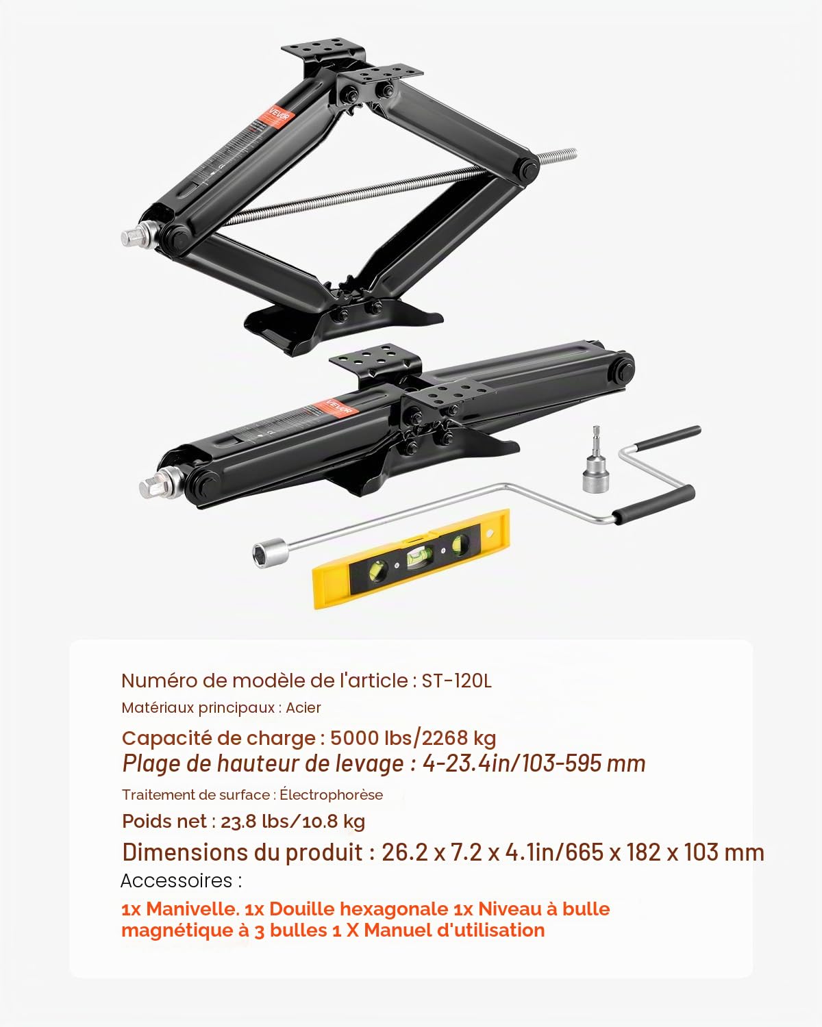VEVOR Cric Losange Capacité 2268 kg Plage de Levage 103-595 mm, Cric Ciseaux 2PCs, Stabilisateur de Nivellement pour Camping-Car Caravane, avec Manivelle, Douille et Niveaux à Bulle, pour Voyage