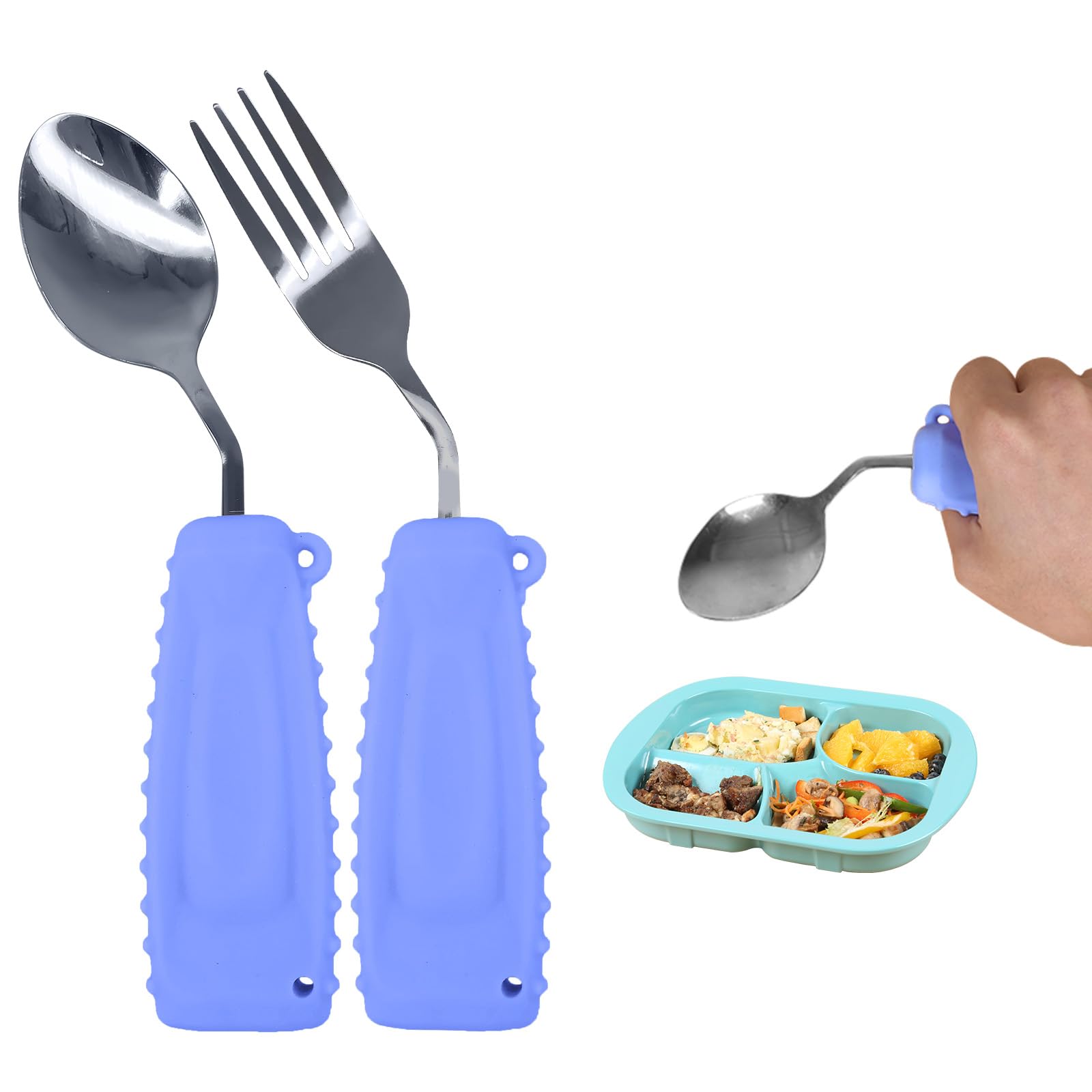 Ustensiles Adaptés pour Personnes Âgées & Handicapées - Cuillère et Fourchette Ergonomiques en Inox - Manche Courbé - Silicone Coloré - Lavable Lave-Vaisselle(Main droite)