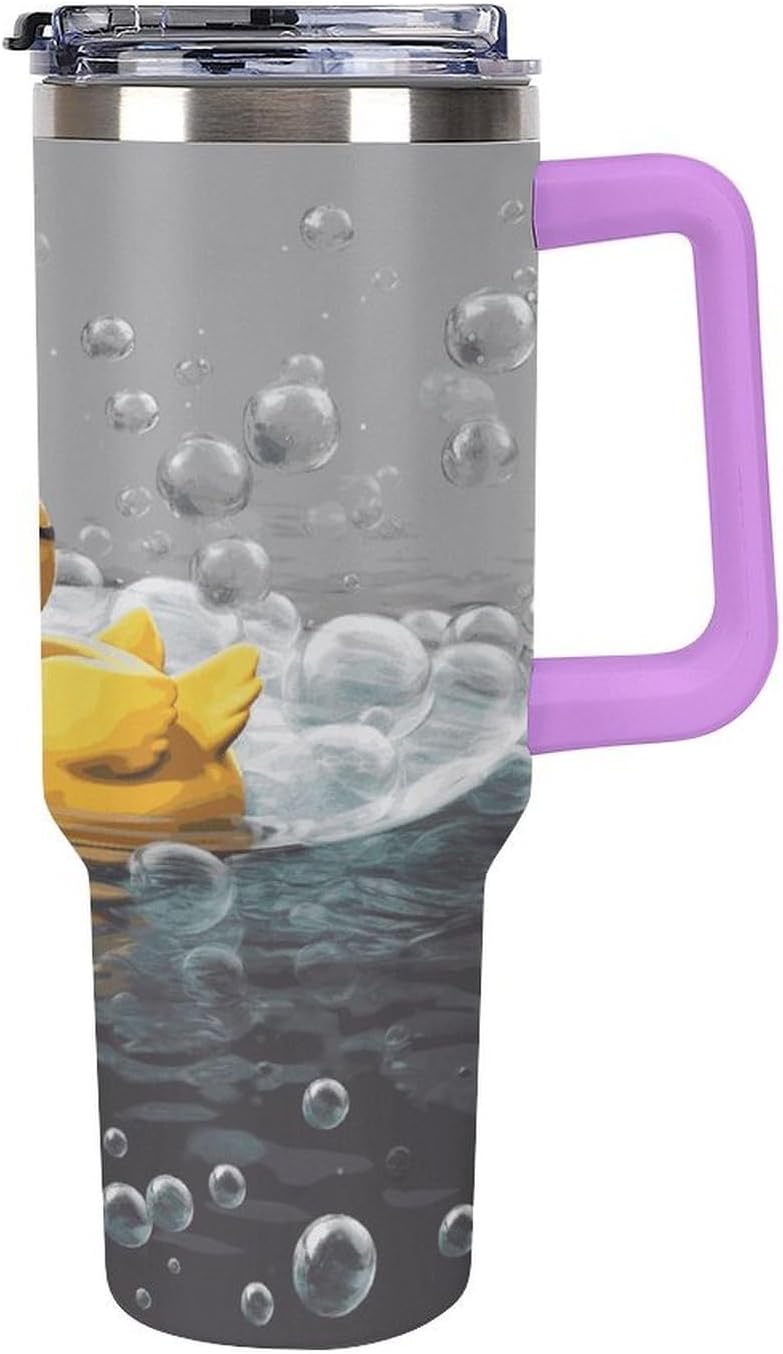 Bubble Duck Tumbler 40 Oz with Handle&Lid Large Car Cup Stainless Steel Vacuum Travel Mug Insulated Water Bottle Leak-proof Portable Coffee Cup for Home Car Outdoor