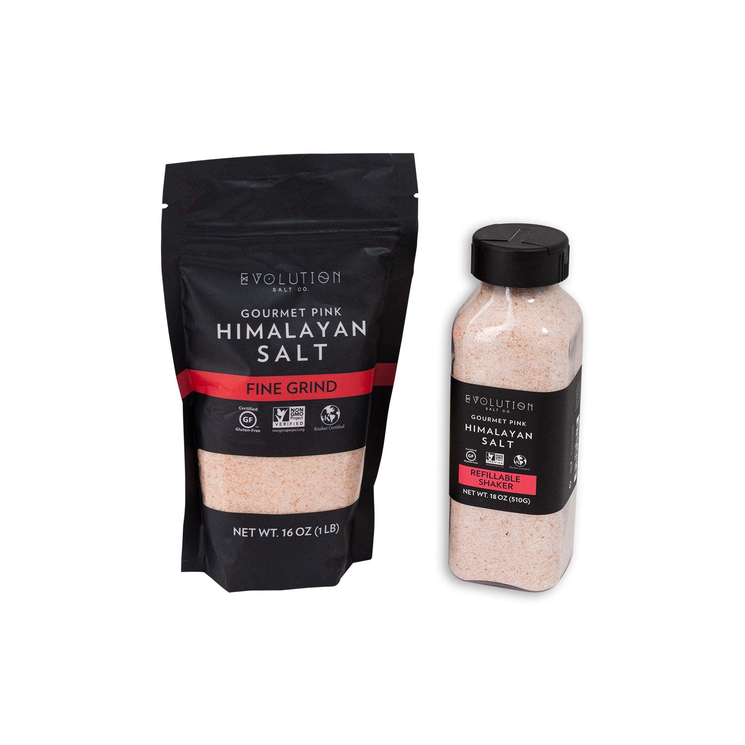 Evolution SaltGourmet Pink Himalayan Salt (Salt Shaker, 18 oz + Fine Grind 1 lb. Pouch)