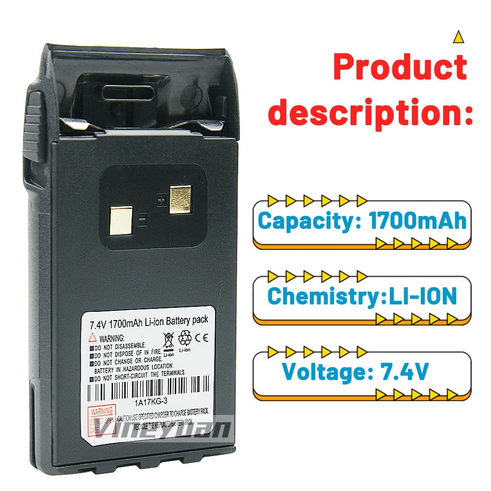Batteria agli ioni di litio 7.4V 1700mAh 1A17KG-3 per WouXun KG-UVD1P KG-UV6D KG-659 KG-699 KG-689 Batteria rapida radio bidirezionale con clip da cintura