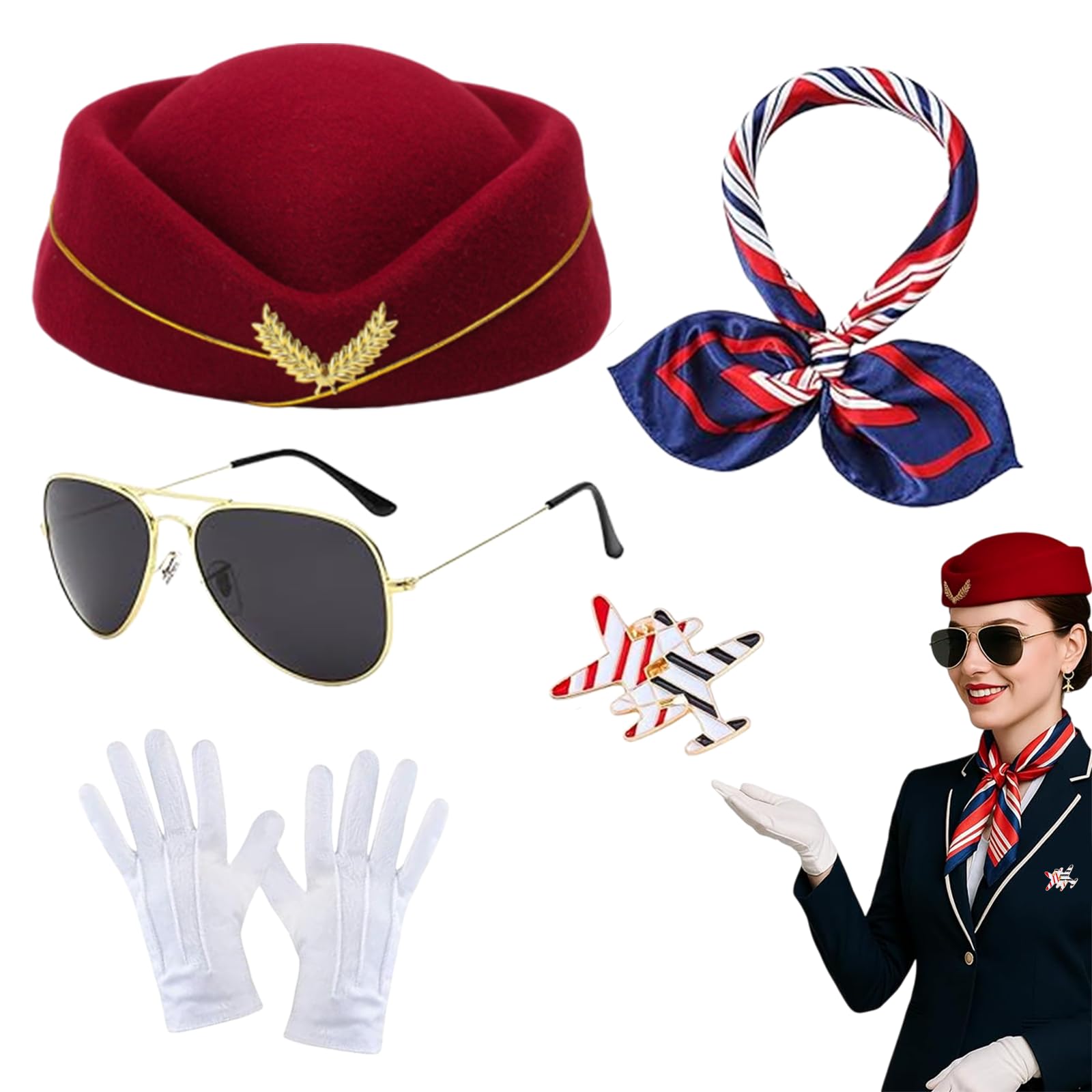 MUNSKT 5Pcs Flight Attendant Costume Accessories Set,Creative Airline Stewardess Dress Set with Scarves Stewardess Hat Gloves Sunglasses Brooch Carnival Fancy Dress Up Cosplay Outfit. (burgundy) — image 1