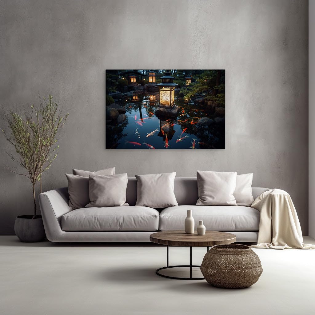 Canvas for Living room. Moonlit Serenity: A Luminous Encounter with Japan's Nighttime Garden Elegance, 27 x 18 inch Canvas Wall Art - Ready to Hang