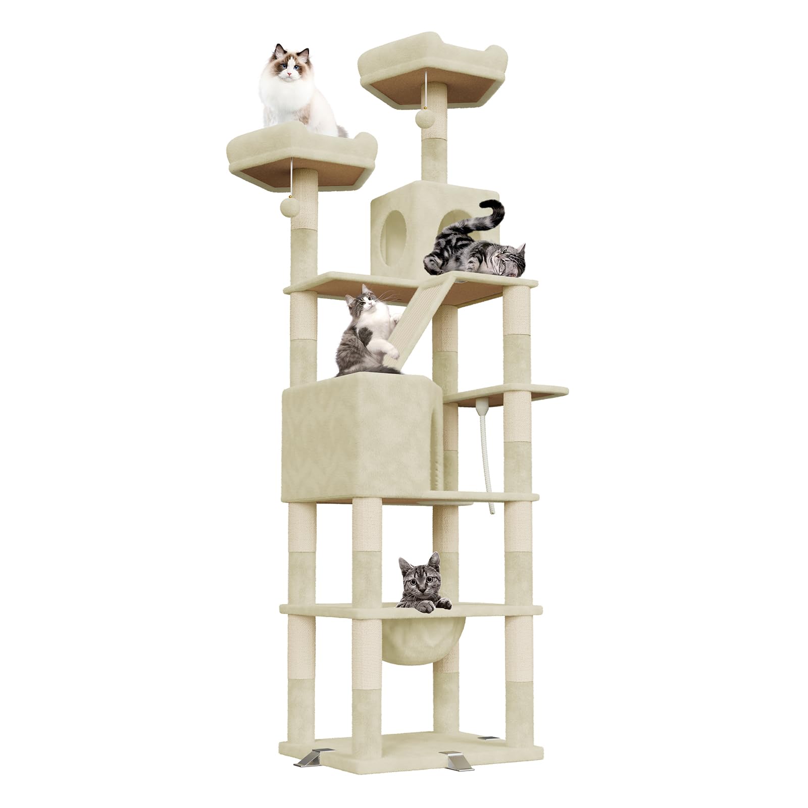 Dogat 208cm Large Cat Tree, Multi-Level Cat Tower with 15 Scratching Posts, 2 Perches, 2 Caves, 1 Scratching Ramp and 1 Hammock, Cat Climbing Frame with Plush Cat Condo for Indoor Cats (Beige)