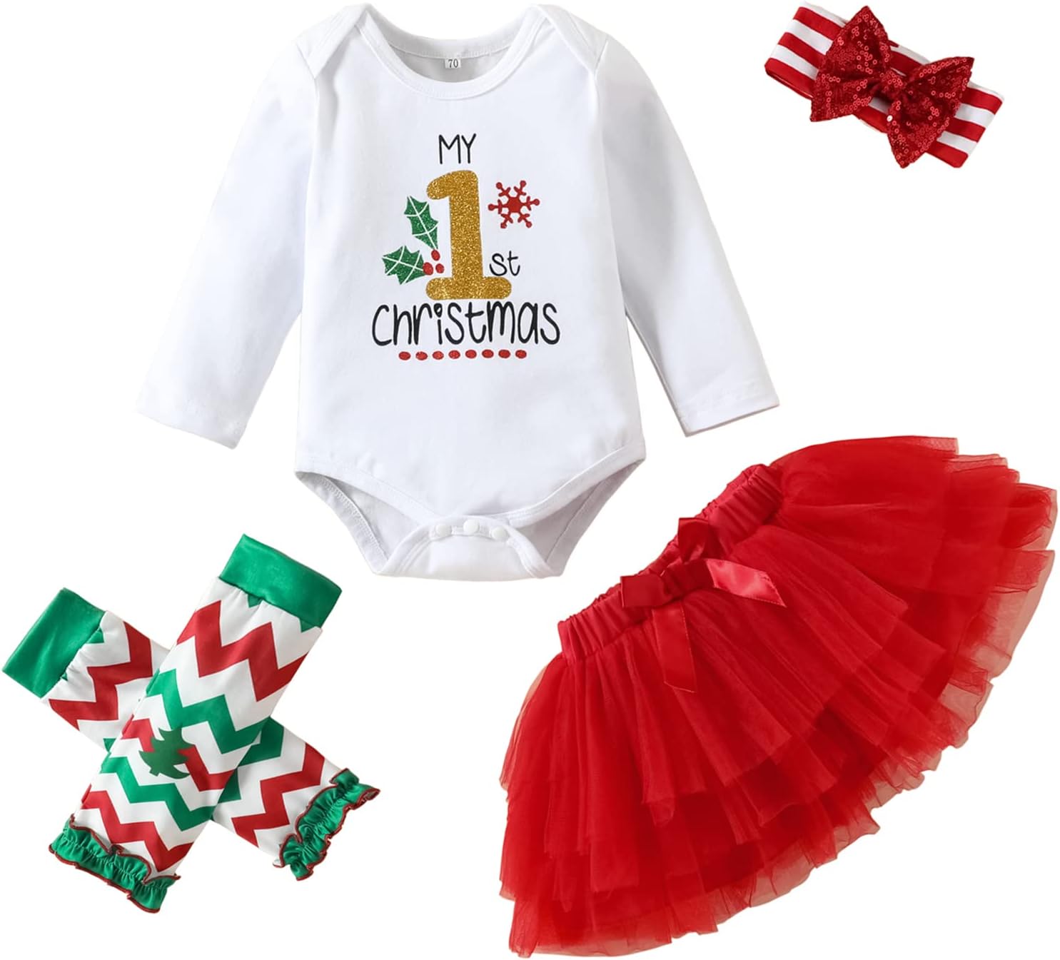SinhoonBaby Girls Christmas Skirt Set Baby Girl My 1st Christmas Romper + Tutu Skirt + Leg Warmers + Headband 4Pcs Outfits