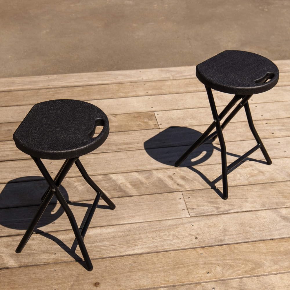 Tabourets pliants x2 - Ht 46cm - Tabouret pliable de Jardin, Terrasse, Balcon - Noir - Siège résine Structure Acier - Poignée