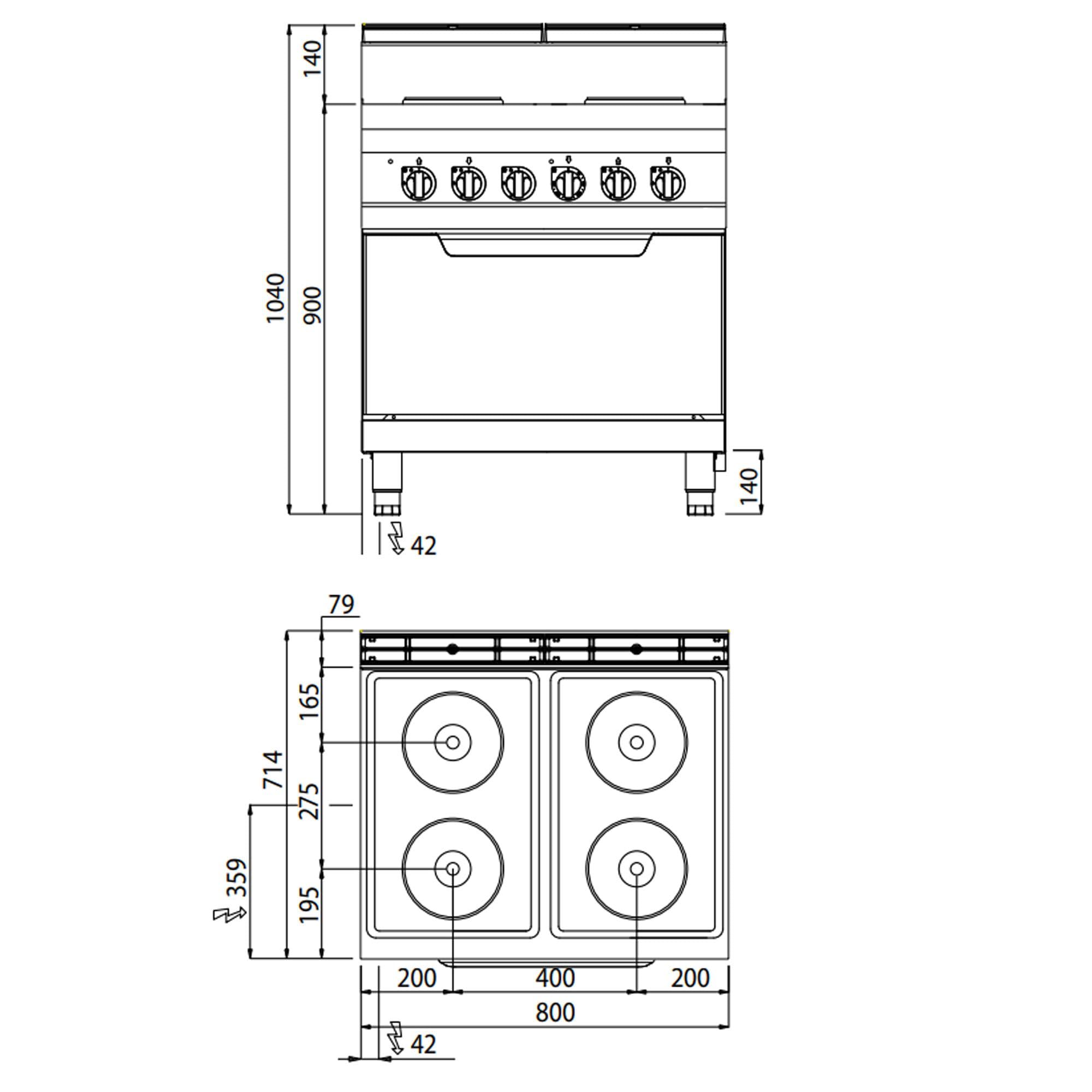 GGM Gastro | EHB879E+EB8S | Elektroherd - 10,4 kW - 4 Platten Rund - inkl. Elektrobackofen Statisch - 7,5 kW