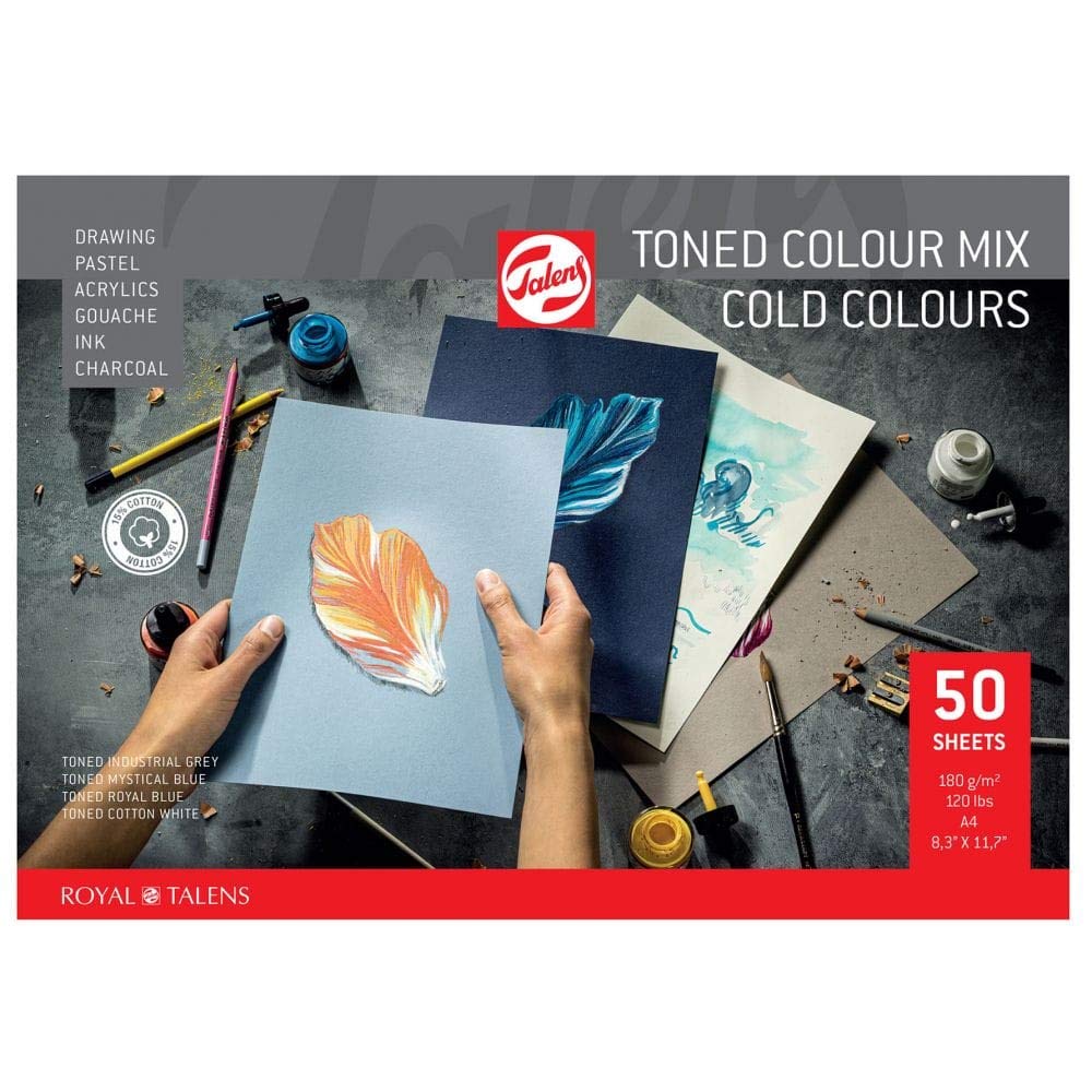 Talens Paper - Coloured Paper Pad Cold Colour Mix A3 42 x 29.7 cm - 180 g 50 Sheets - High Quality 15% Cotton 20% Recycled - for Colouring Pencils Pastel Pencils Gouache Inks Acrylic Charcoal