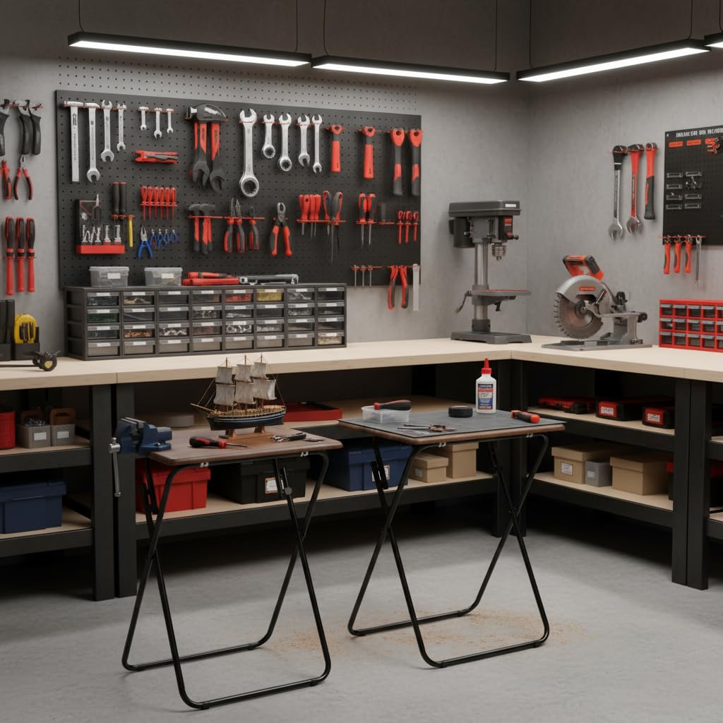 HOMYLIN Juego de 2 bancos de trabajo - MDF con superficie de PVC, duradero, ideal para proyectos de bricolaje y mejoras del hogar, color marrón