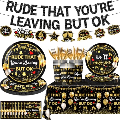 142pcs Going Away Party Decorations Rude That Youre Leaving But OK Party Supplies for Coworkers Retirement Leaving Farewell Paper Plates Napkins Banner We Will Miss You Decorations (Black)