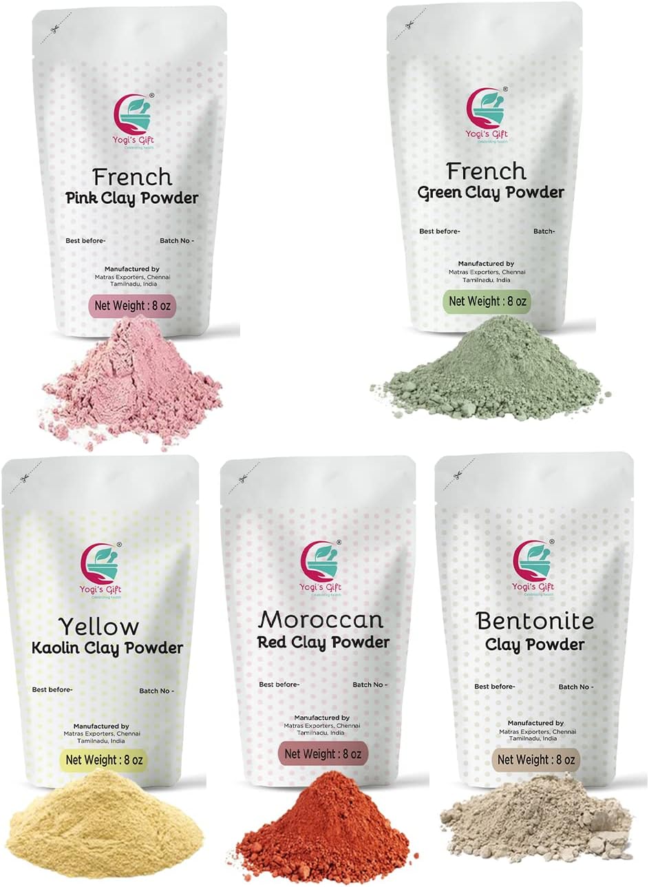Pack of 5 Clays Rose Clay, French Green Clay, Kaolin Clay, Moroccan