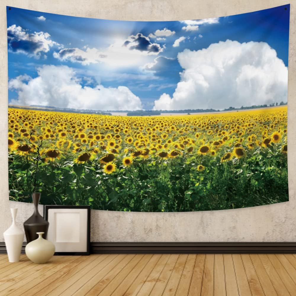 Kasumiori タペストリー ひまわり 夏 雲 植物 自然風景 100x70cm インテリア 多機能 おしゃれ 壁掛け 癒し 自宅 お店 寮 飾り布ポスター 気分転換 ビデオ会議 撮影用 背景布 窓カーテン 個性ギフト 雑貨 ポリエステル製 定価