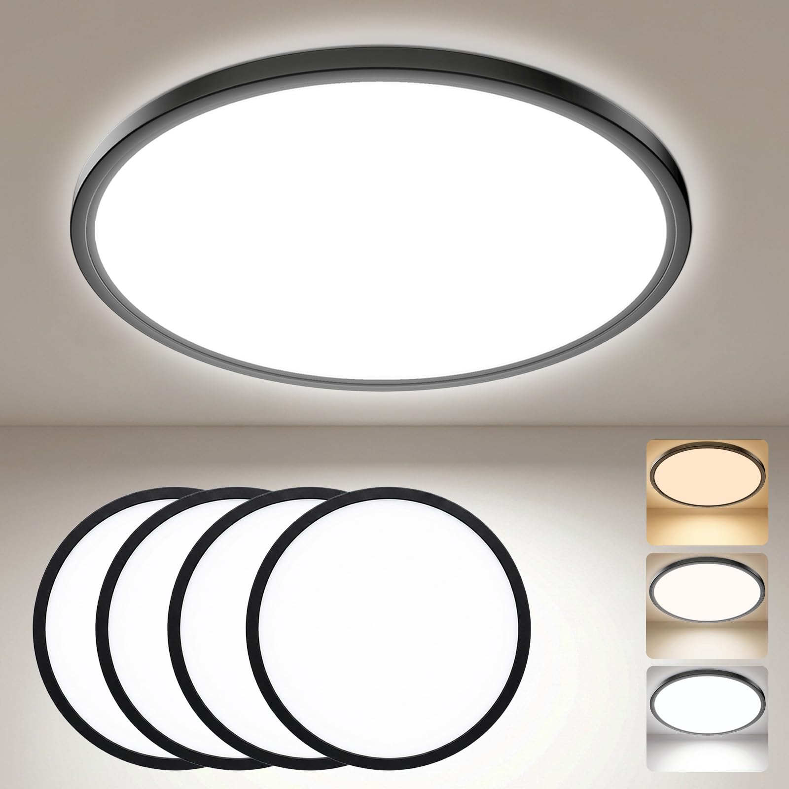 Fynokst 29CM LED Ceiling Light 24W 3200LM, 3000K/4000K/6500K 3 Color Temperature, IP54 Waterproof Bathroom Light, Modern Round LED Bathroom Light for Bedroom, Kitchen, Hallway, Black 4Pack
