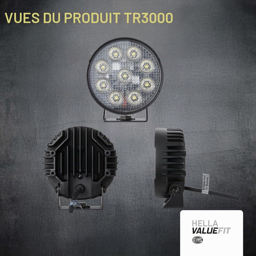HELLA Valuefit 1G0 357 113-002 Led-Projecteur De Travail Tr3000 - 12/24V - 3000Lm - Montage En Saillie/Vissé - Support De Montage Pivotant - Éclairage Du Champs Proche - Câble: 800Mm