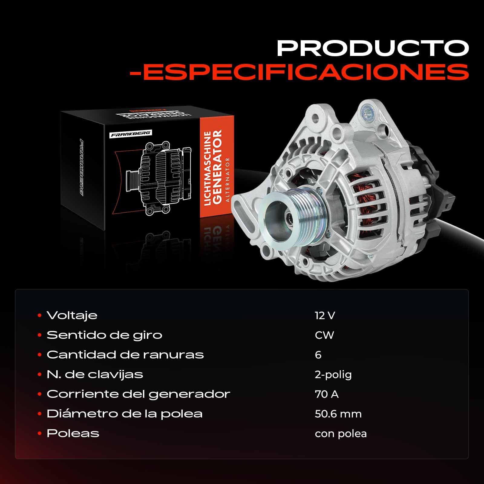 Frankberg Alternador con Polea de Rueda Libre 70A 12V 2 Polos 037903025G