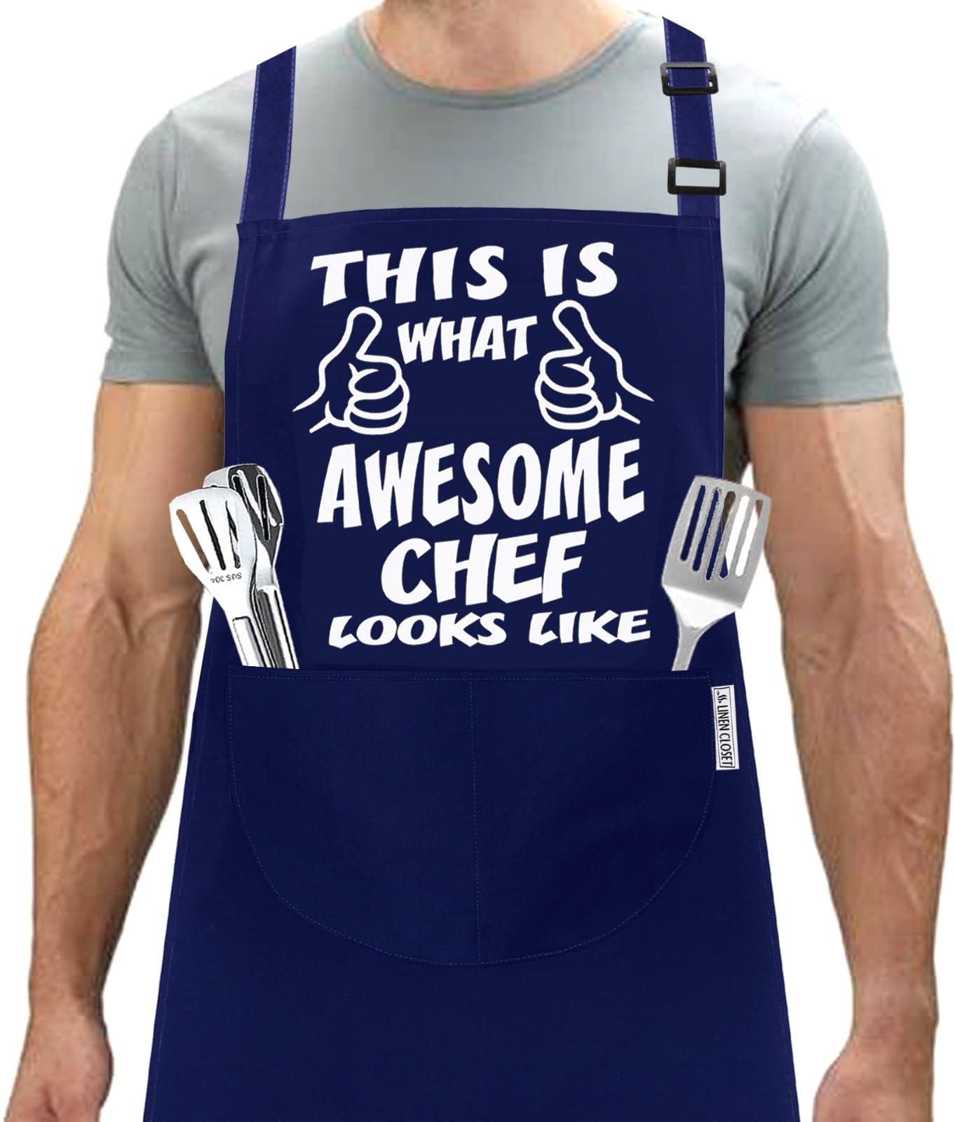 LINEN CLOSET® Bbq Aprons for Men Funny Aprons Awesome Chef BBQ Cooking Kitchen Novelty Apron with 2 Front Pockets Gifts for Men -Awsome Chef Apron