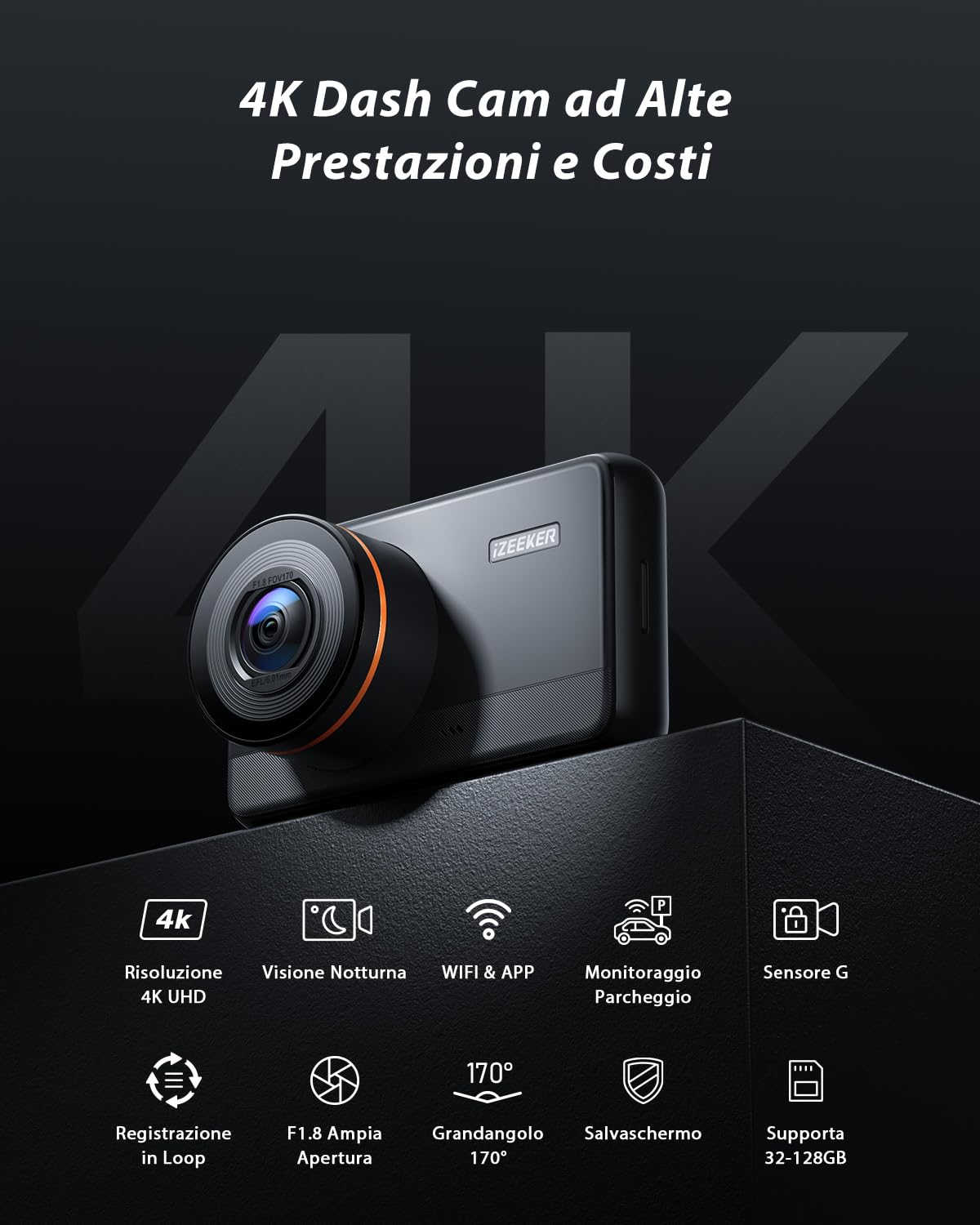 iZEEKER 4K Dash Cam auto, WiFi Dash Cam 2160P Con Scheda SD 32G, Telecamera per Auto con APP, Super Visione Notturna, WDR, 24H Monitor di Parcheggio, Registrazione in Loop, G-sensore
