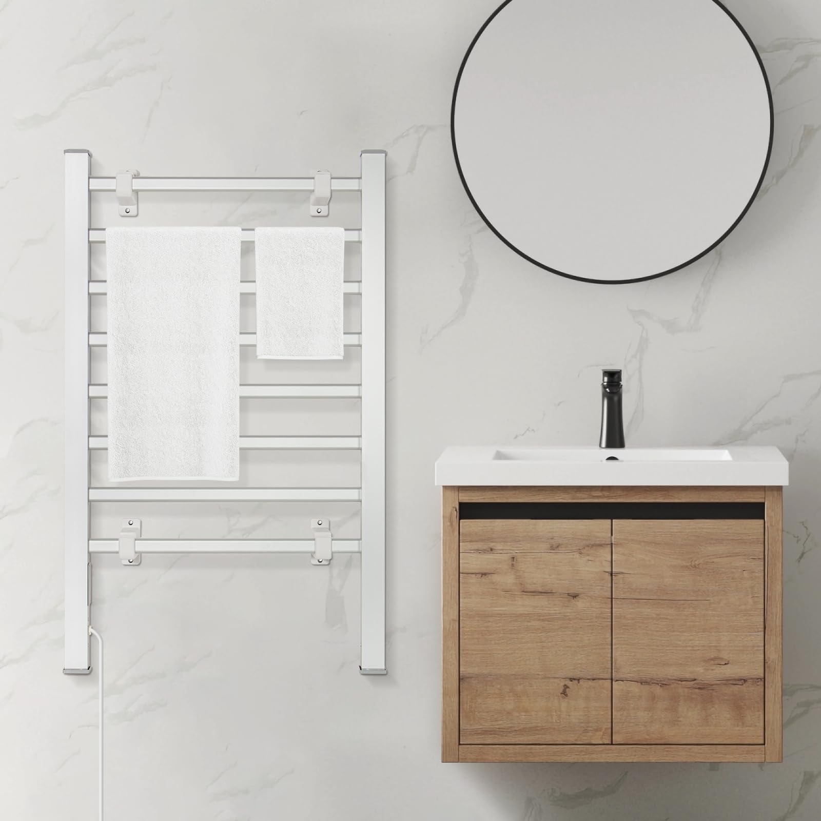 Todeco Scaldasalviette Termoarredo Bagno con Timer, 2in1 da Terra e Parete Asciuga Asciugamani Elettrico, Asciugabiancheria Portasciugamani, Compatto e Versatile, 8 Barres