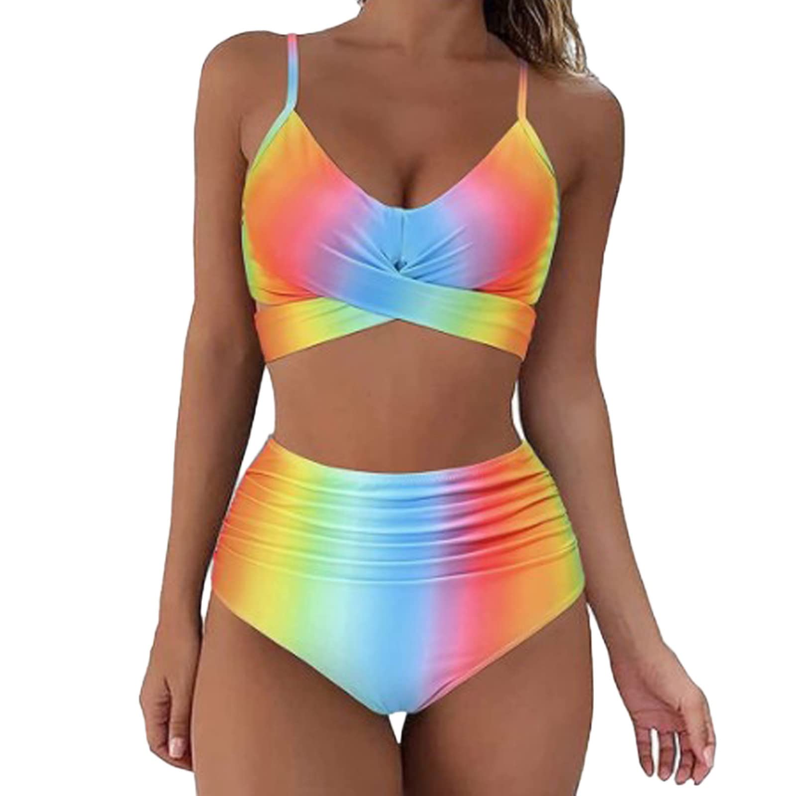 Plus Size Bikini Sets for Women Uk, 2 Piece Wrap High Waisted Women Swimsuits Monokini, Solid Color/Floral Printed Push up Women Swimming Costumes Quick Dry Criss Cross Top Beachwear Travel Essentials