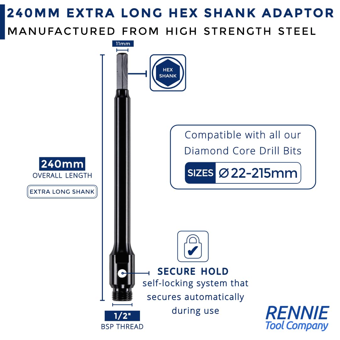Pack Of 2 x Hex Shank Drill Adapters/Arbors For Use With Diamond Core Drill Bits. K Taper Shank System. 1/2" BSP Thread. 1 x 88mm Long Hex Adapter & 1 x 240mm Extra Long Hex Adapter - Image 2