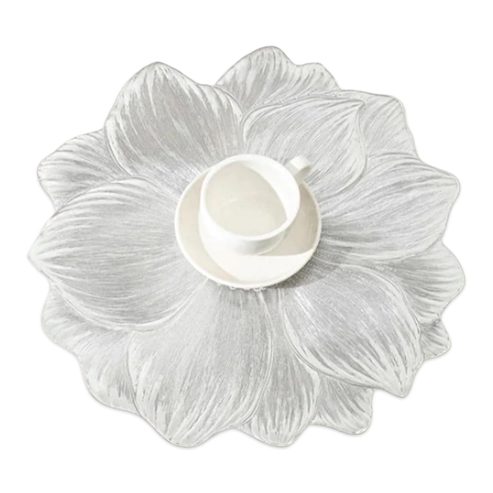 Creative Flower PVC Placemat – 3D Floral Placemats, Waterproof & Oil-Proof, 15" Round Non-Slip Heat-Resistant Table Mats for Dining Room & Kitchen Decor (1, Silver)
