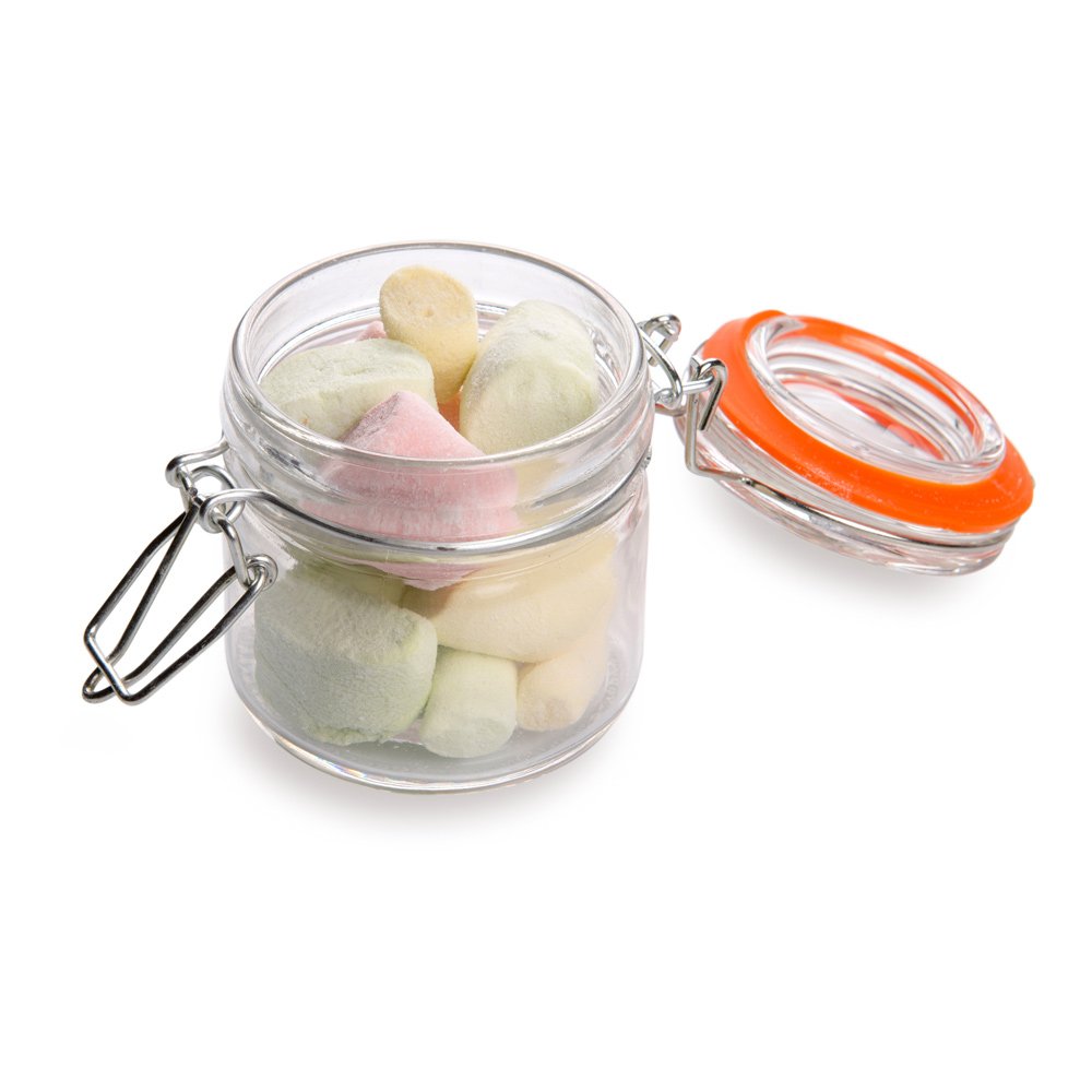 Restaurantware Tarro Mason con tapa de abrazadera ancha, tarros Mason con tapa de gatillo, almacena líquidos o productos secos, sirve postres, bebidas o aperitivos, 3.4 onzas, caja de 10 unidades