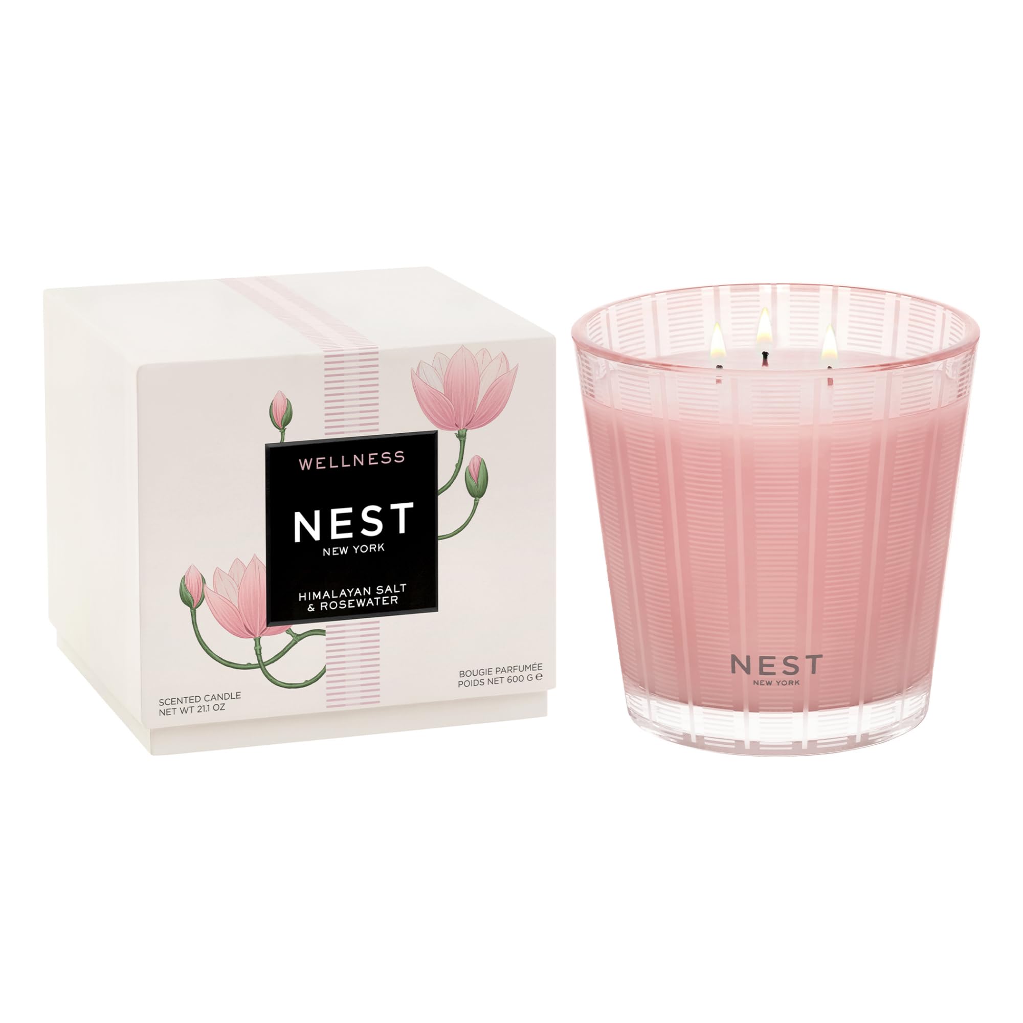 NEST New York Scented 3-Wick Candle, Himalayan Salt & Rosewater - 21.2 oz - Up to 100-Hour Burn Time - Reusable Glass Vessel