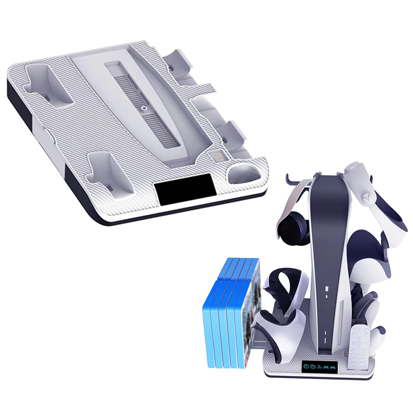 HMHAMA Charging Station Fits for PSVR2/PS5 Controller, Stand with Cooling Fan for PS5 UHD/DE Console, with VR Headset Stand, 4 Controller Charger Dock and 10 Game Storage