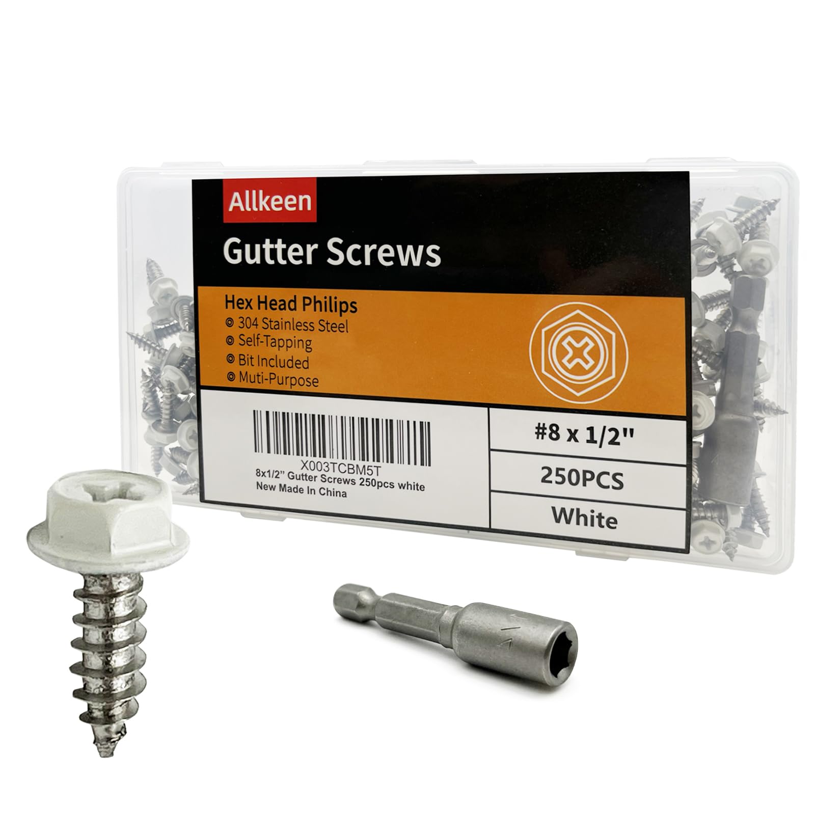 Allkeen White Painted Self Tapping Gutter Screws #8 x 1/2" Hex Head Downspout Sheet Metal Screws, 250 Pieces