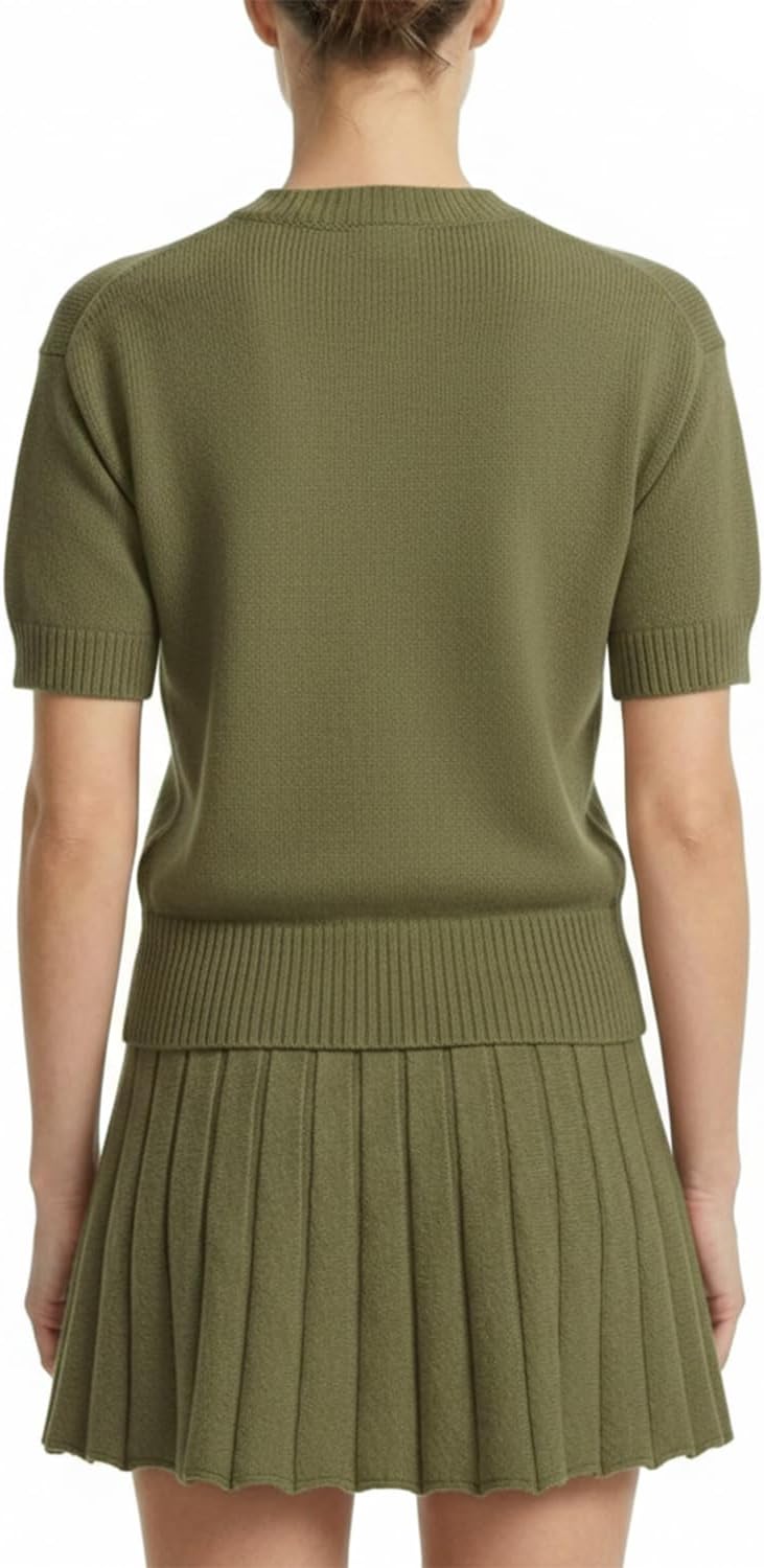 Womens 2 Piece Outfits 2026 Short Sleeve Crewneck Knit Tops And Pleated Mini Skirt Two Piece Sets - Image 3