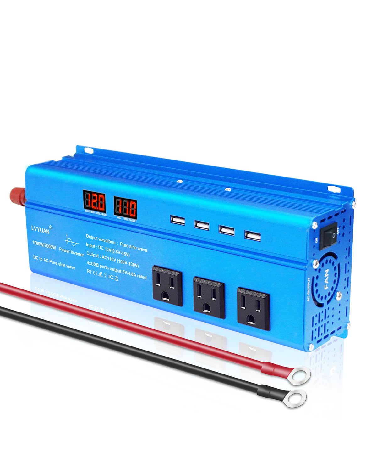 LVYUAN 1000 Watt Pure Sine Wave Inverter 12V to 110V 120V DC to AC with LED Display, 3 U.S. Outlet, USB Charger Ports, Car Power Inverter for Vehicles, RV, Outdoor, Home