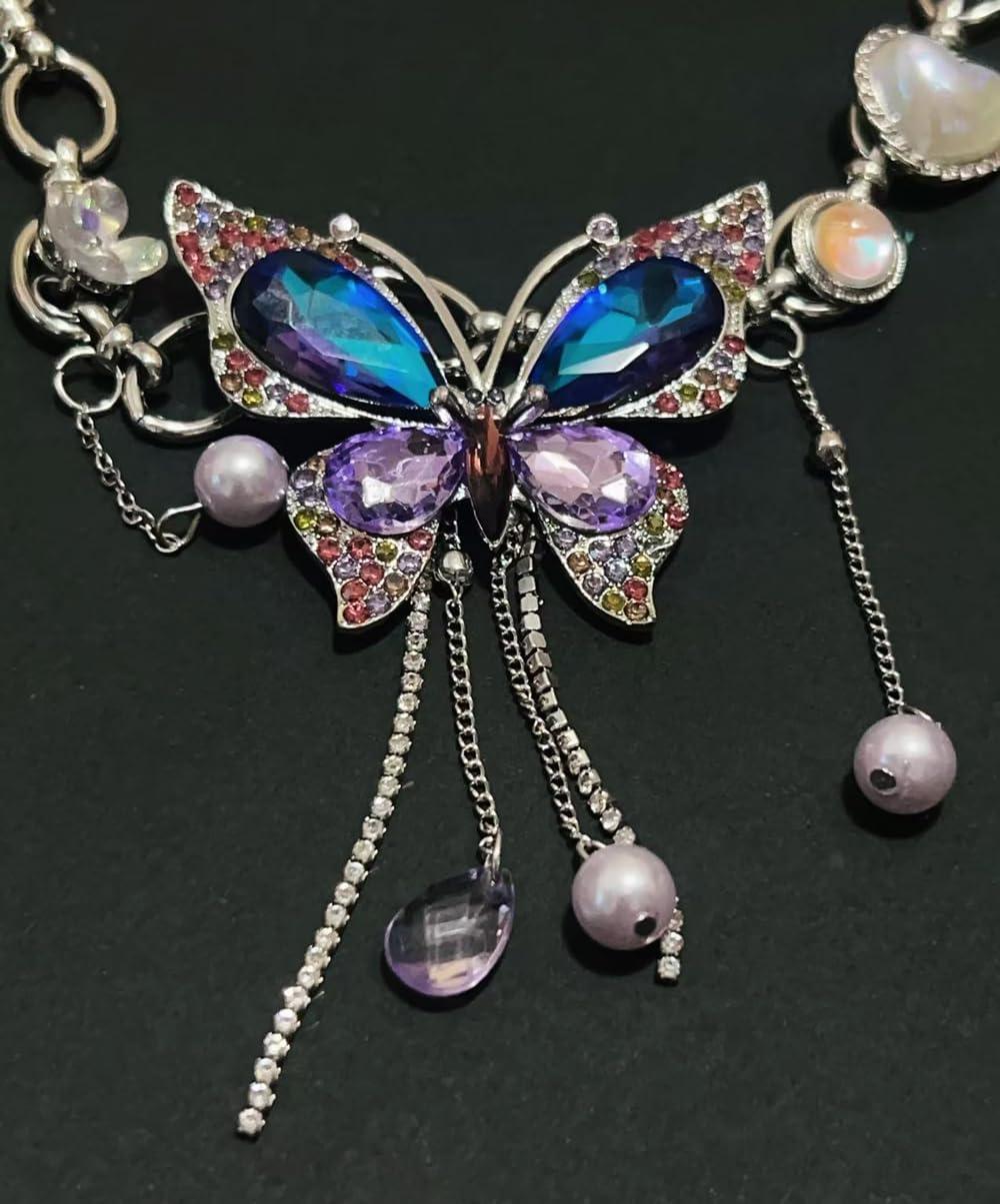 Fairy Chunky Chain Blue Purple Lavender Butterfly Charm Large Pendant Necklace Sliver Short Big Chunky Butterfly Necklaces for Women Multicolor Bling Grunge Fairy Collar Choker Necklace Jewelry - Image 7