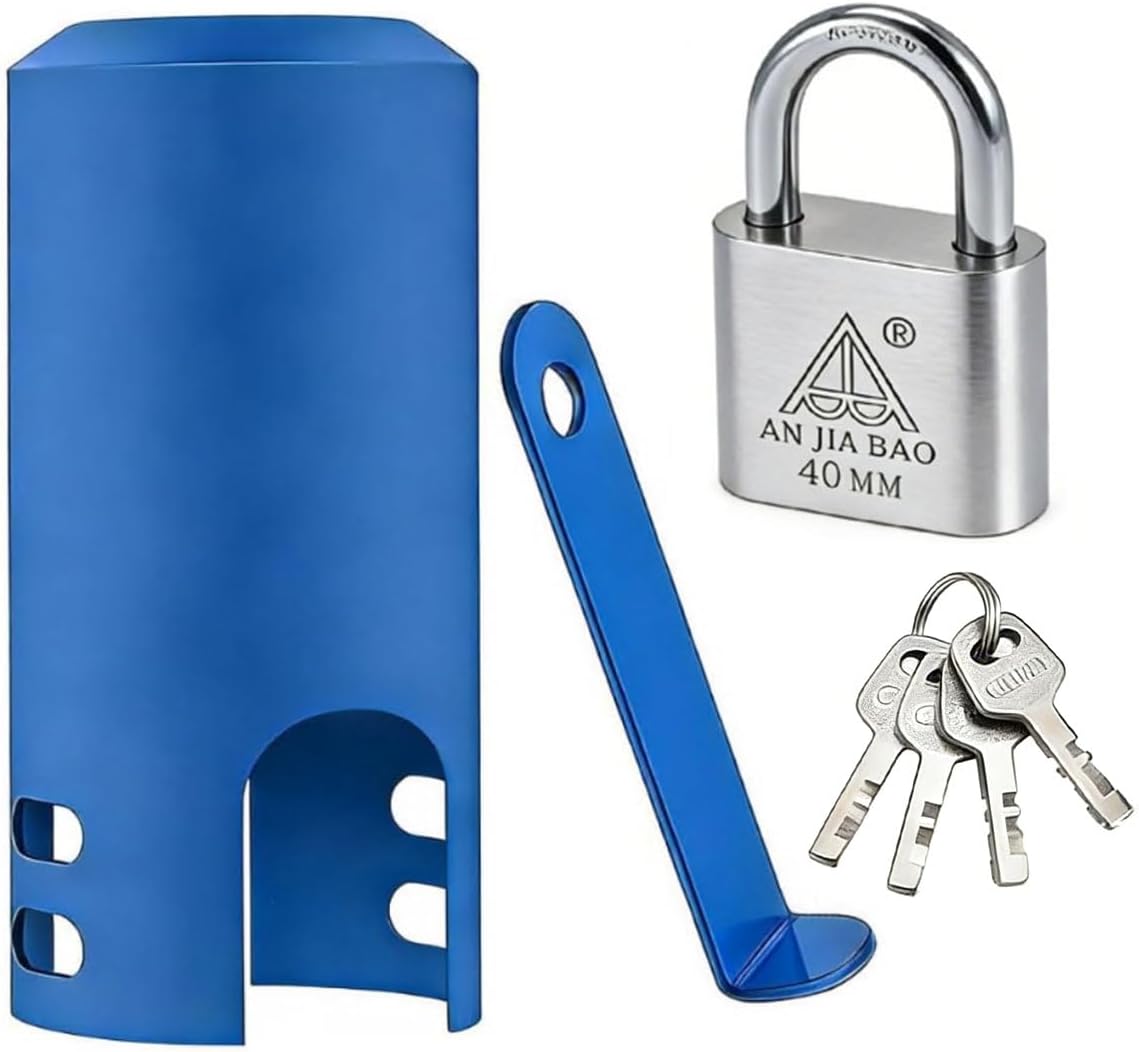 Outdoor faucet lock, hose connector, metal construction, suitable for garden faucets, hose connectors, and water pipes; faucet lock to prevent water theft (blue with padlock)